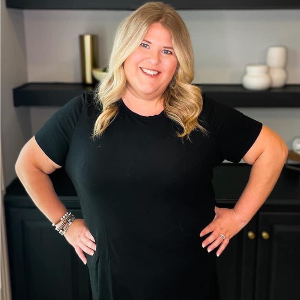 Black Ribbed Dress, lightweight, short sleeves. Is a tad fitted and sized up.